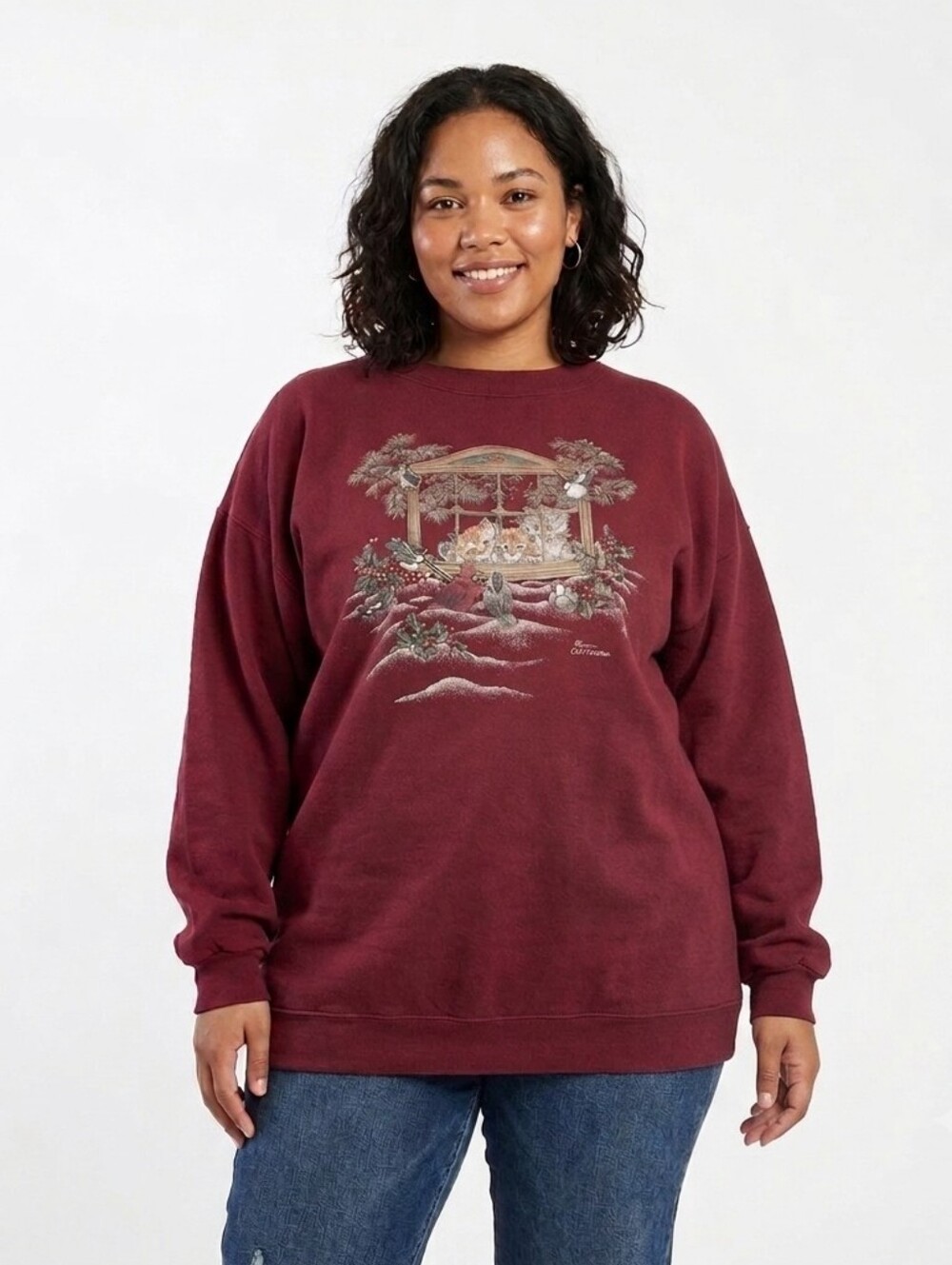 Morning Sun Woman Vintage 90s Maroon Winter Scene Double Collar US Sweatshirt 3X